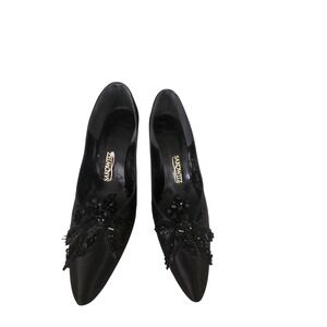 Sakowitz Black Satin Beaded Leaf Embellished Stiletto Heels Pumps Women's Size 7